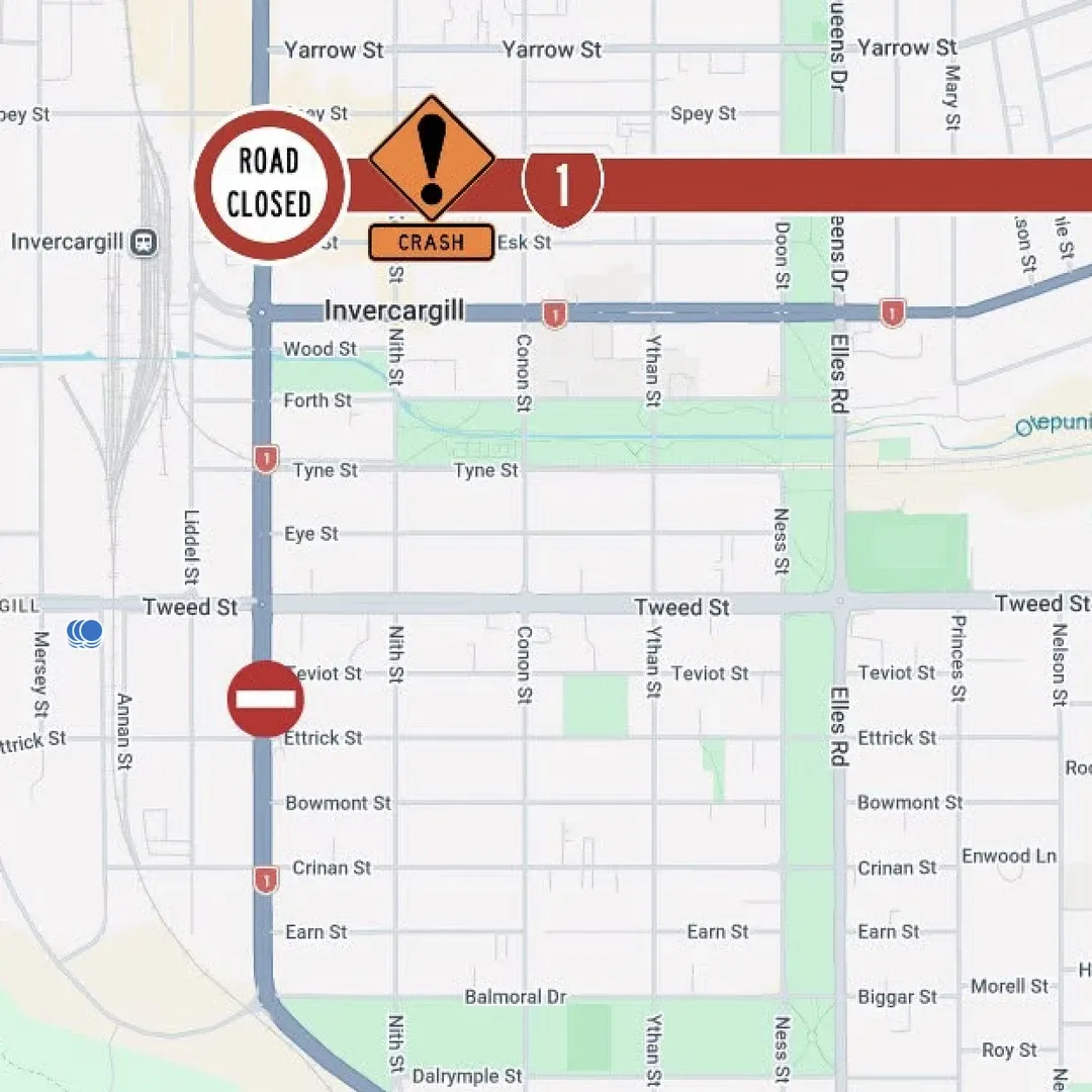Clyde St Crash Closes SH1 in Invercargill - NOW OPEN