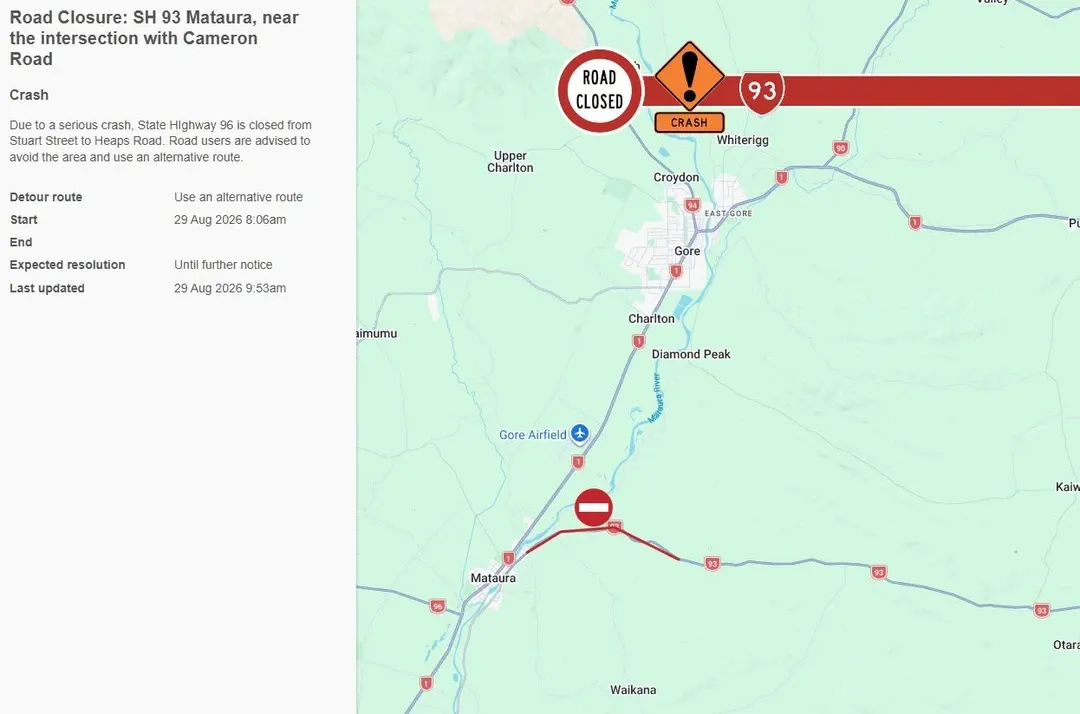 Serious Crash closes SH93Highway Between Mataura Clinton