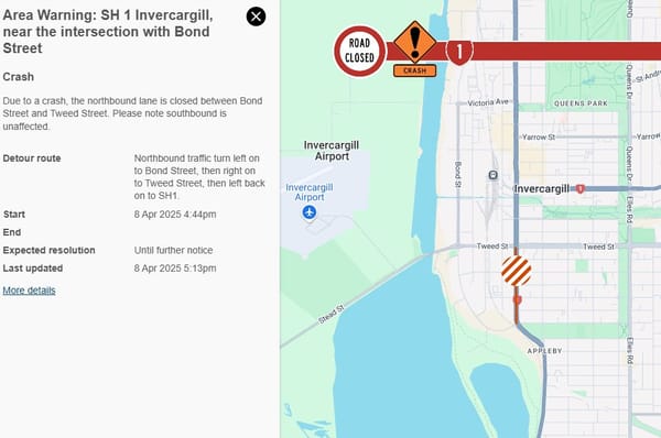 UPDATE: Now Open! Crash Closes SH1 Northbound In Invercargill