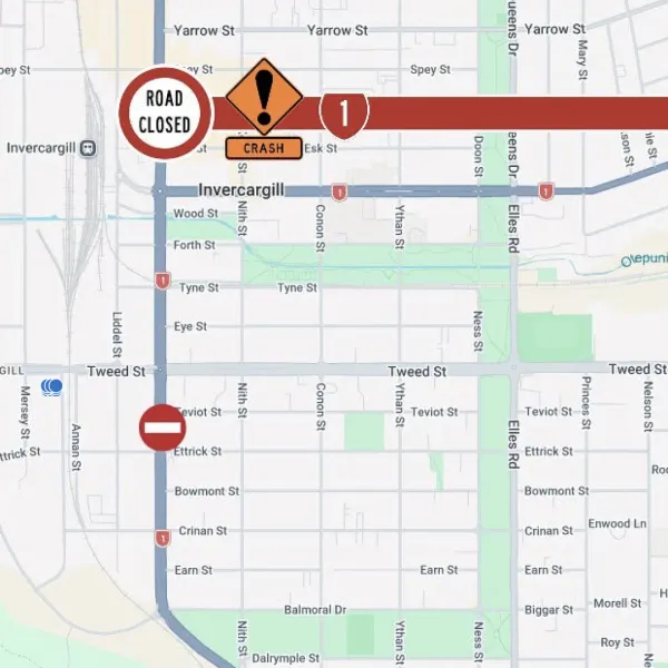 Clyde St Crash Closes SH1 in Invercargill - NOW OPEN