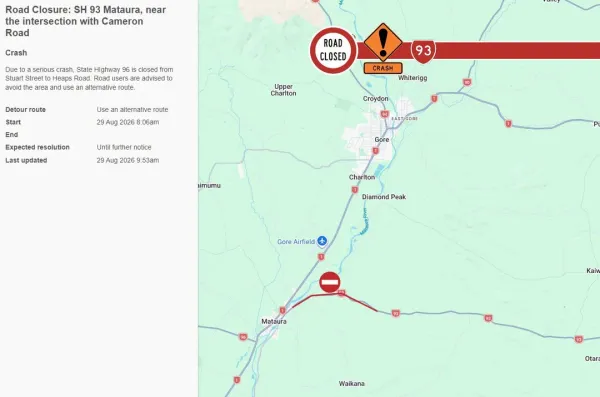Serious Crash closes SH93 Between Mataura Clinton